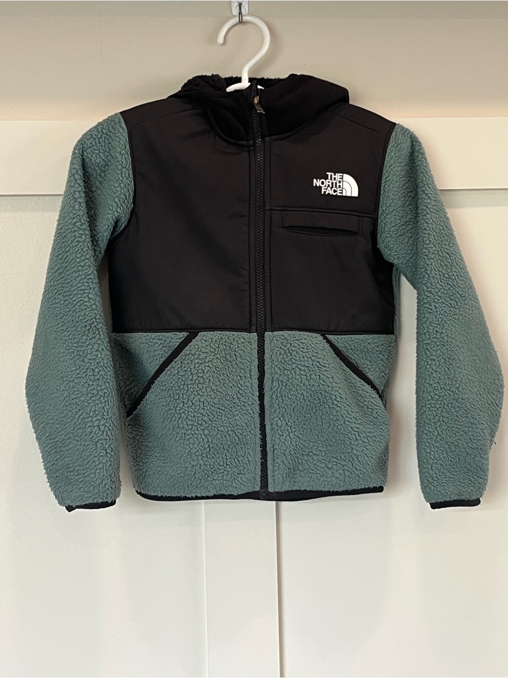 The North Face Kids Hooded Sherpa Fleece Jacket in Teal and Black